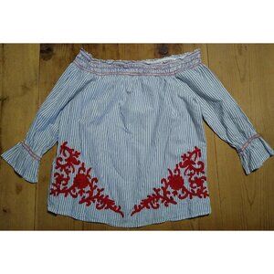 Westport Womens M Blouse Off The Shoulder Blue Red Floral Embroidery Cotton Boho